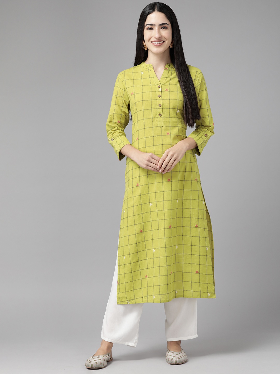 

Cayman Checked Pure Cotton Kurta, Lime green