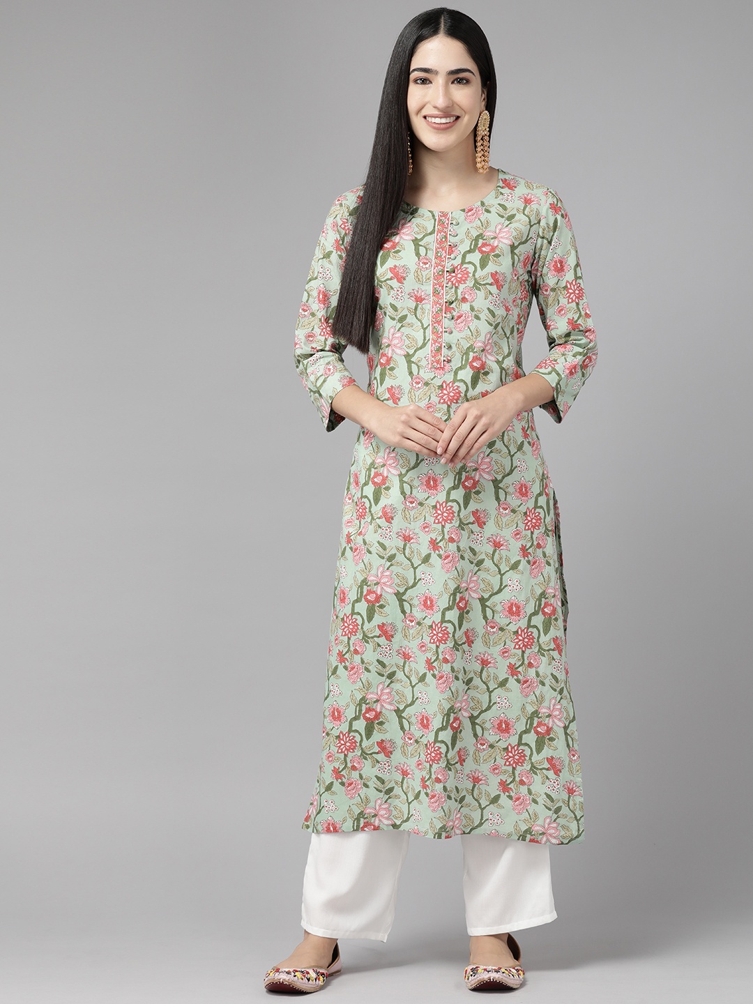 

Cayman Floral Printed Sequinned Pure Cotton Kurta, Sea green