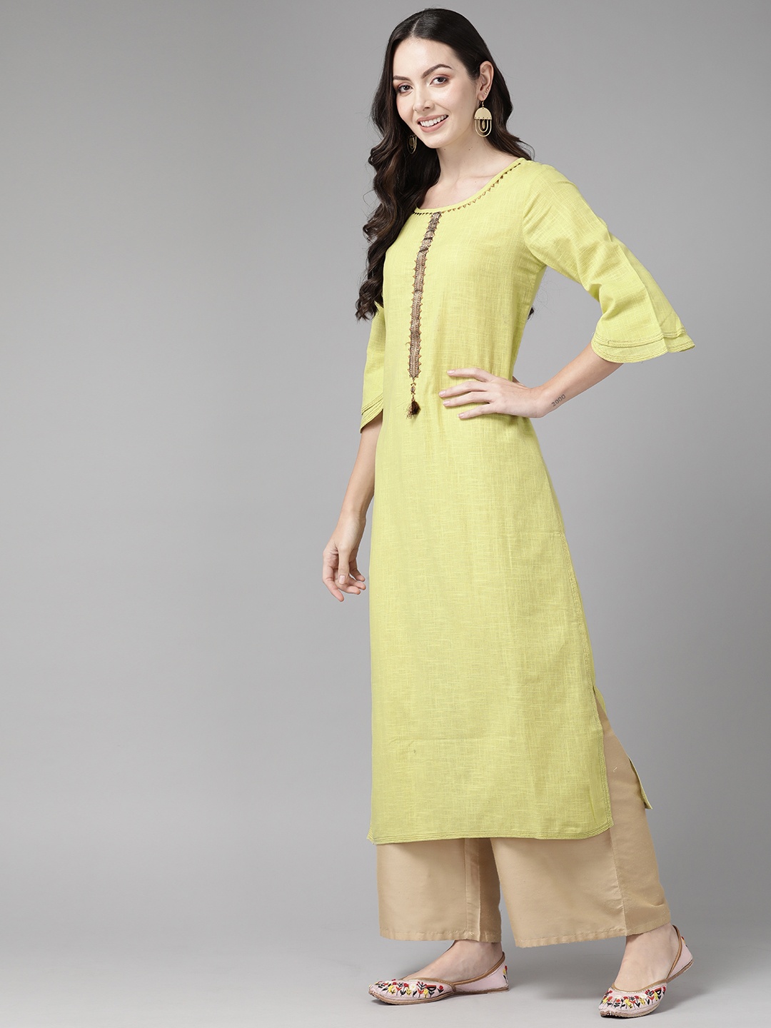 

Cayman Yoke Design Flared Sleeves Mirror Work Pure Cotton Kurta, Green