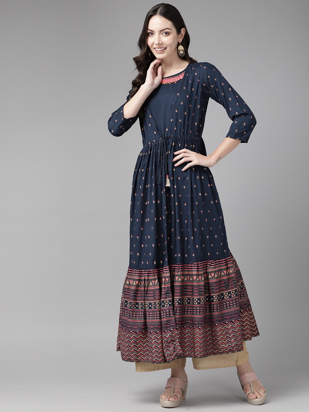 

Cayman Ethnic Motifs Printed Sequinned Tiering Pure Cotton Kurta, Navy blue