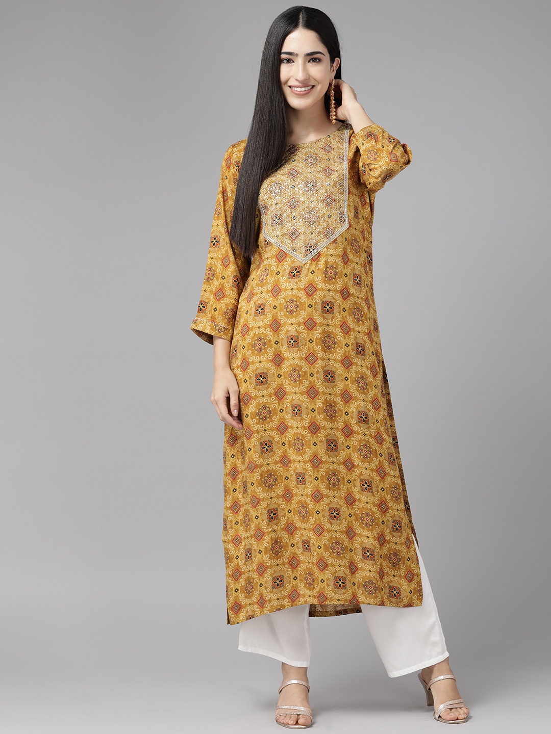 

Cayman Bandhani Printed Sequinned Pure Cotton Kurta, Mustard