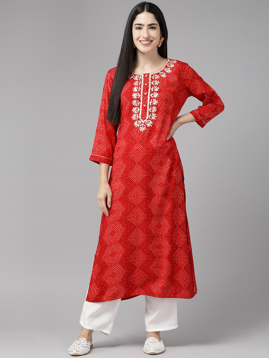 

Cayman Bandhani Printed Gotta Patti Pure Cotton Kurta, Red