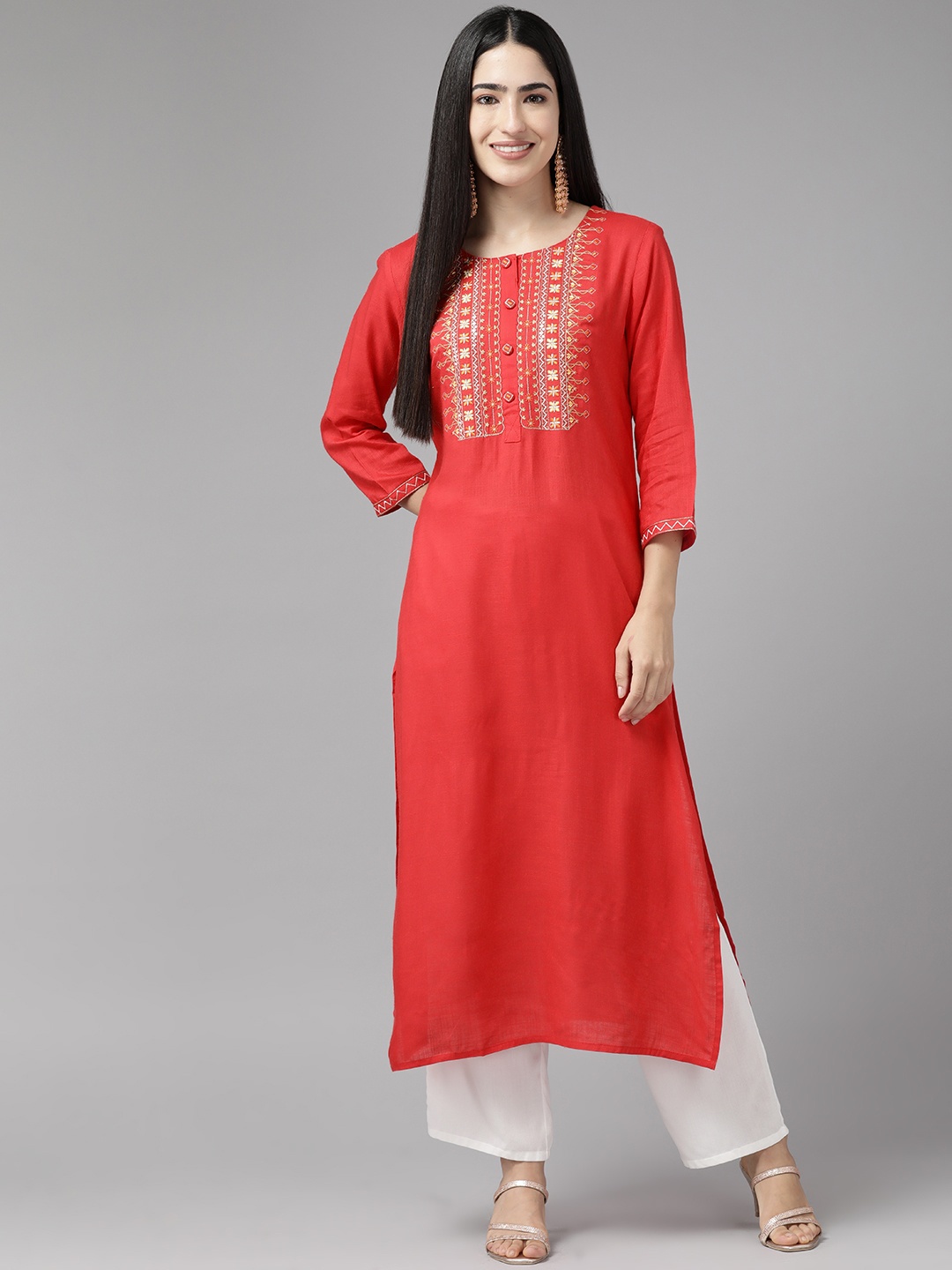 

Cayman Ethnic Motifs Yoke Design Thread Work Pure Cotton Kurta, Red