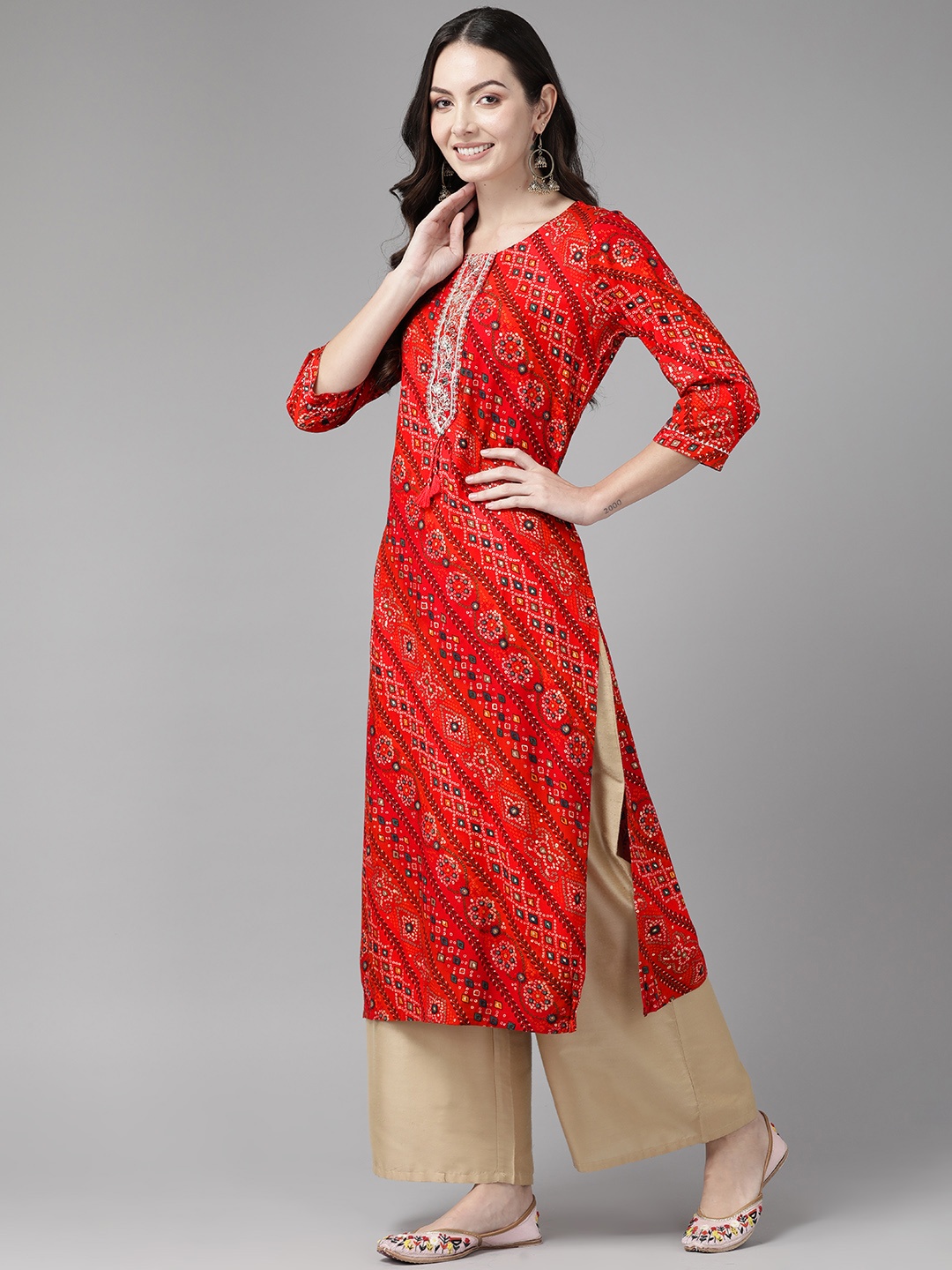 

Cayman Bandhani Printed Sequinned Pure Cotton Kurta, Red