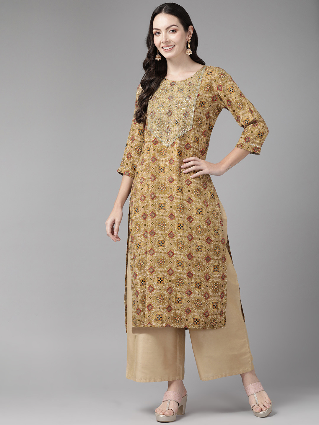 

Cayman Bandhani Printed Sequinned Pure Cotton Kurta, Beige
