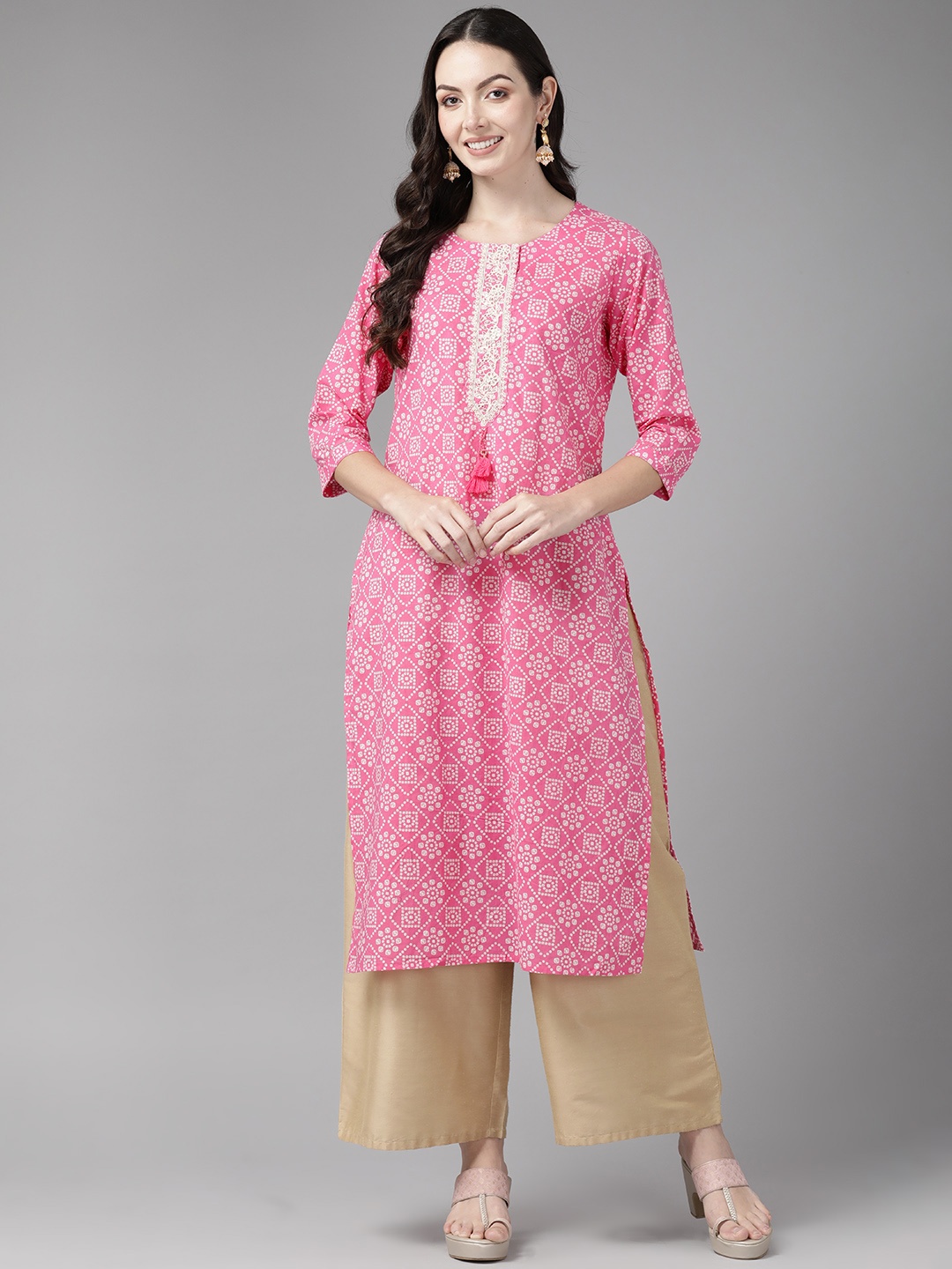 

Cayman Bandhani Printed Sequinned Pure Cotton Kurta, Pink