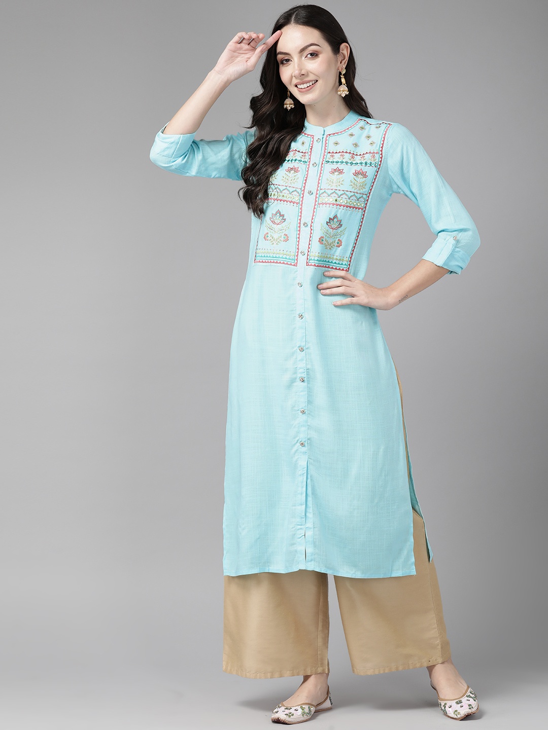 

Cayman Ethnic Motifs Embroidered Mirror Work Pure Cotton Kurta, Blue