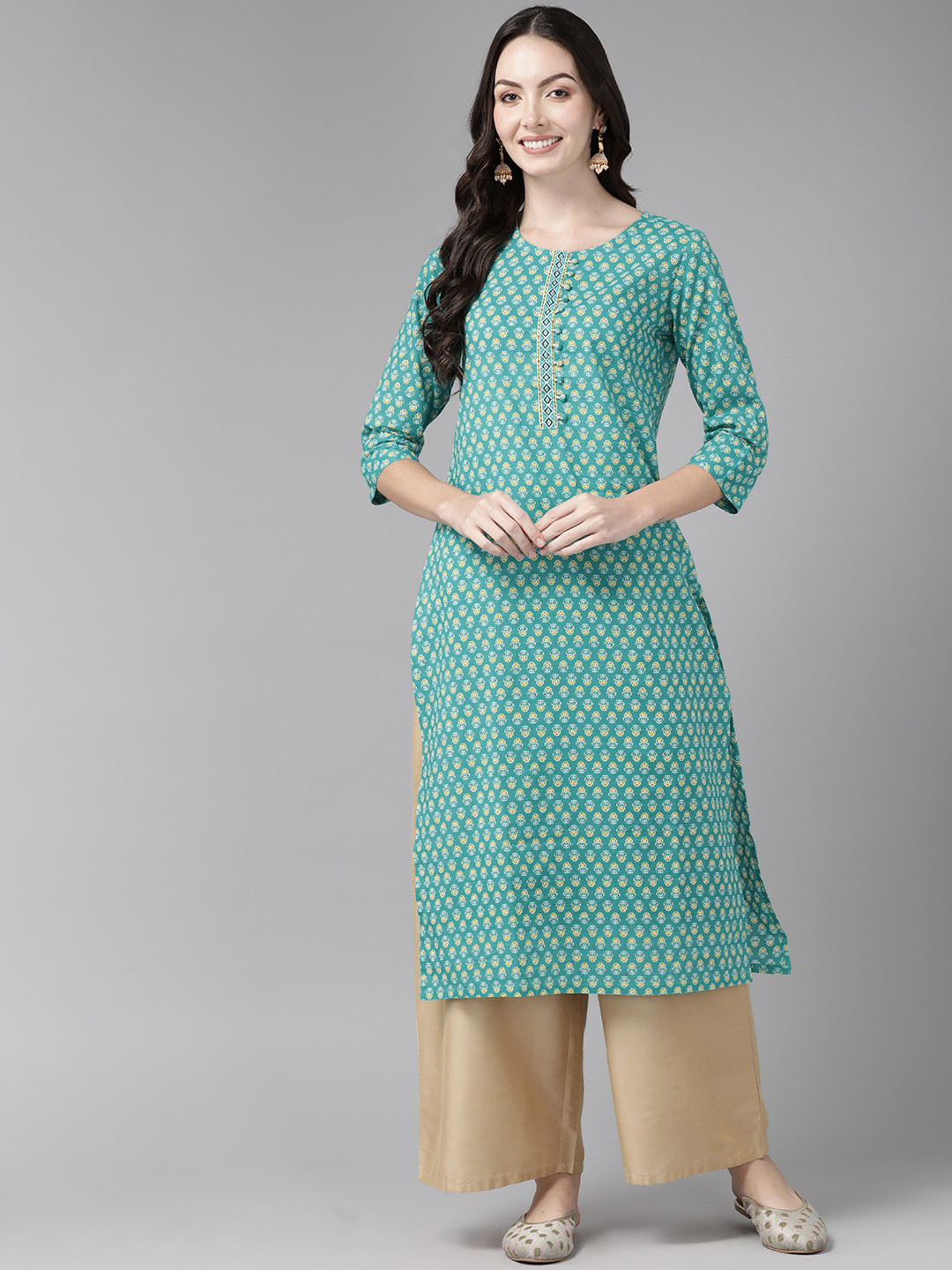 

Cayman Floral Printed Kantha Work Pure Cotton Kurta, Turquoise blue