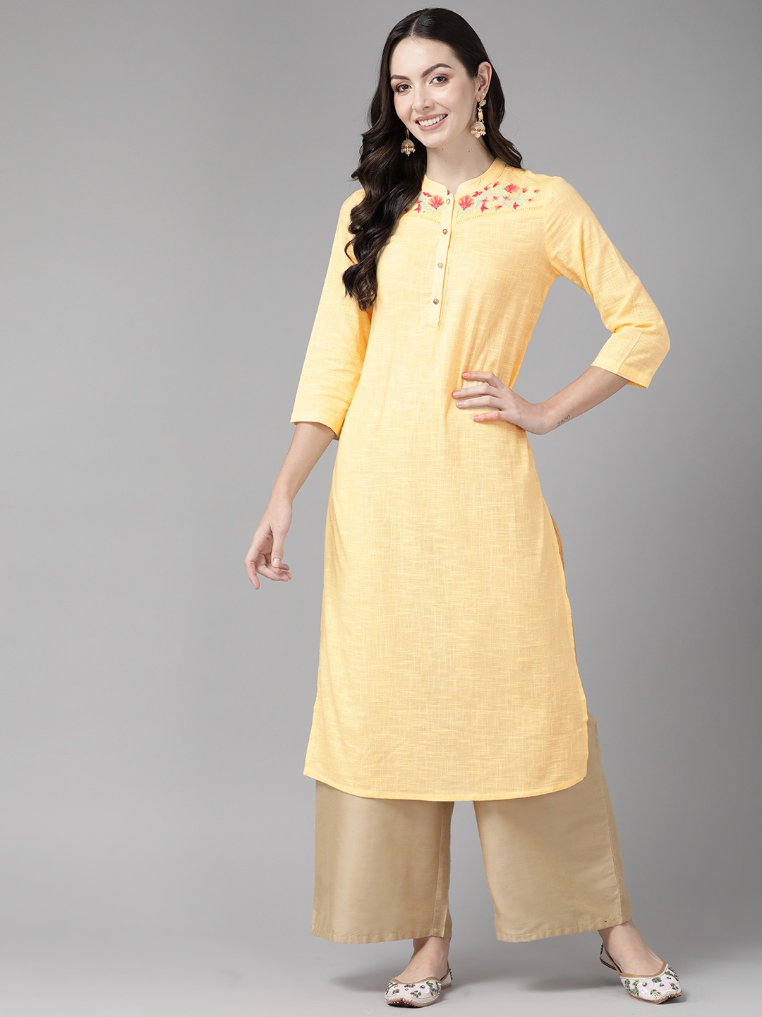 

Cayman Floral Embroidered Thread Work Pure Cotton Kurta, Yellow