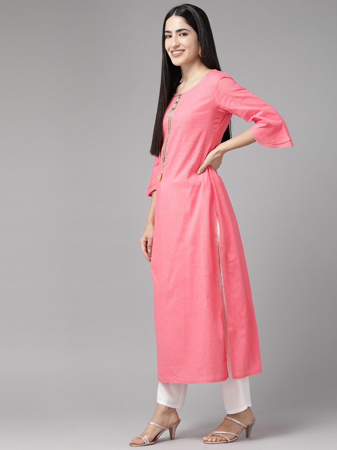 

Cayman Yoke Design Flared Sleeves Mirror Work Pure Cotton Kurta, Pink
