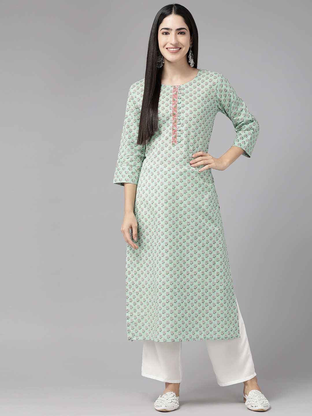 

Cayman Floral Printed Kantha Work Pure Cotton Kurta, Sea green
