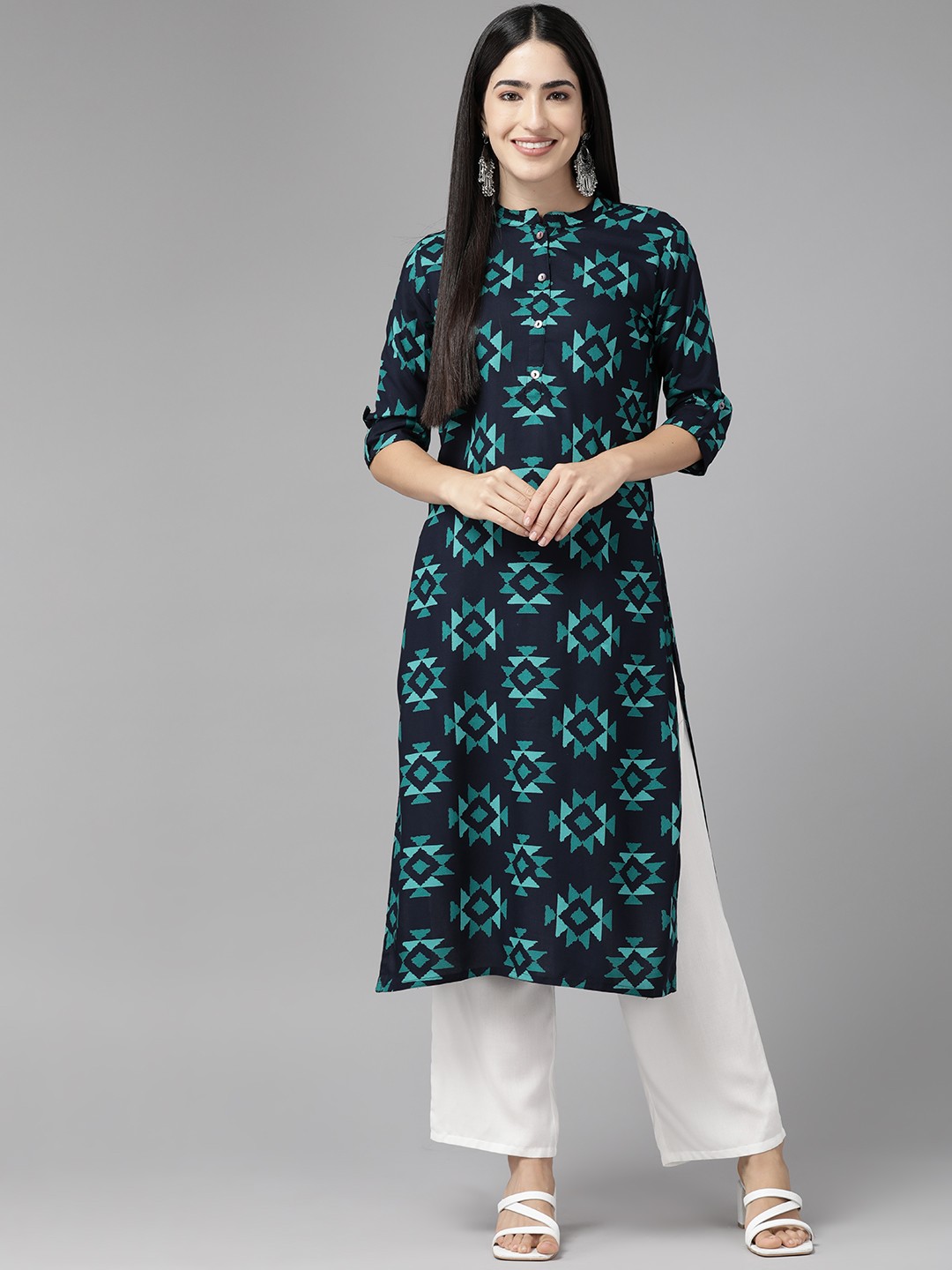 

Cayman Geometric Printed Pure Cotton Kurta, Navy blue
