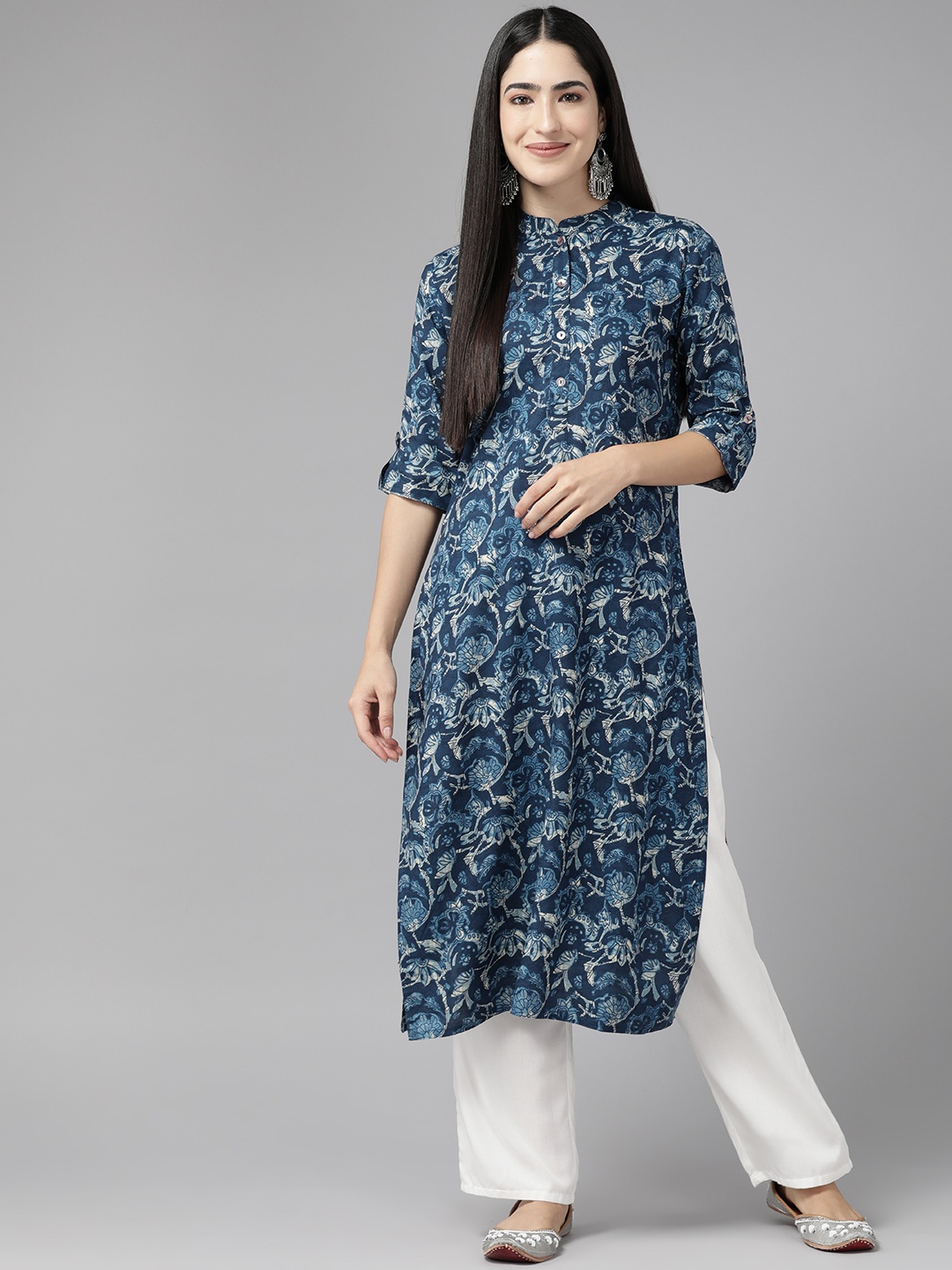 

Cayman Floral Printed Pure Cotton Kurta, Navy blue
