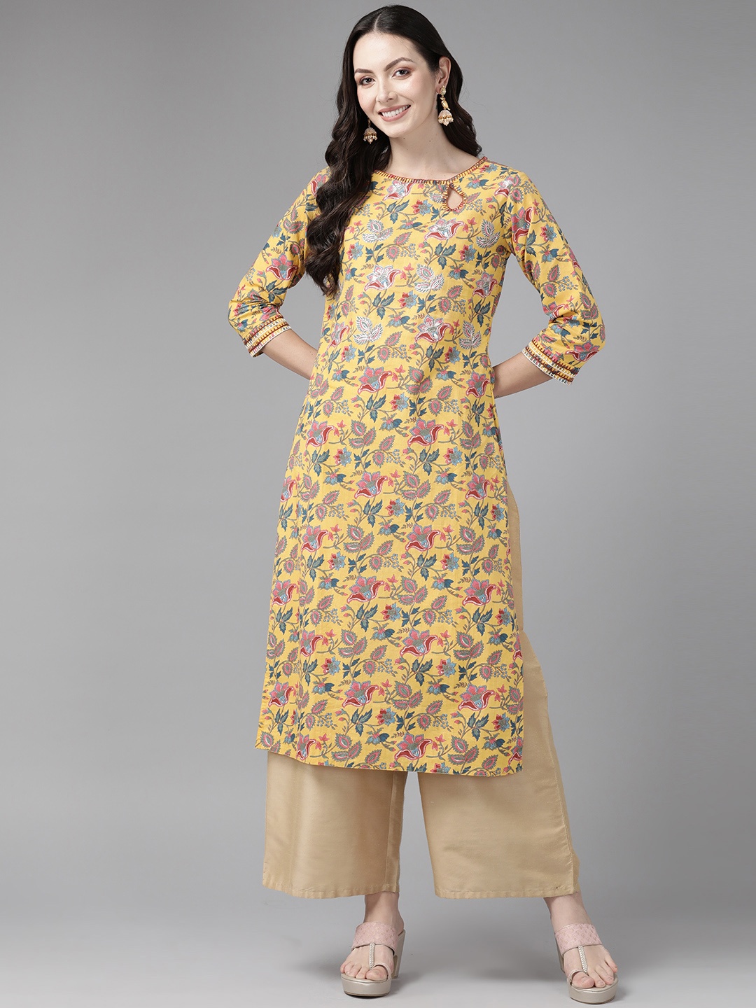 

Cayman Floral Printed Keyhole Neck Thread Work Pure Cotton Kurta, Mustard