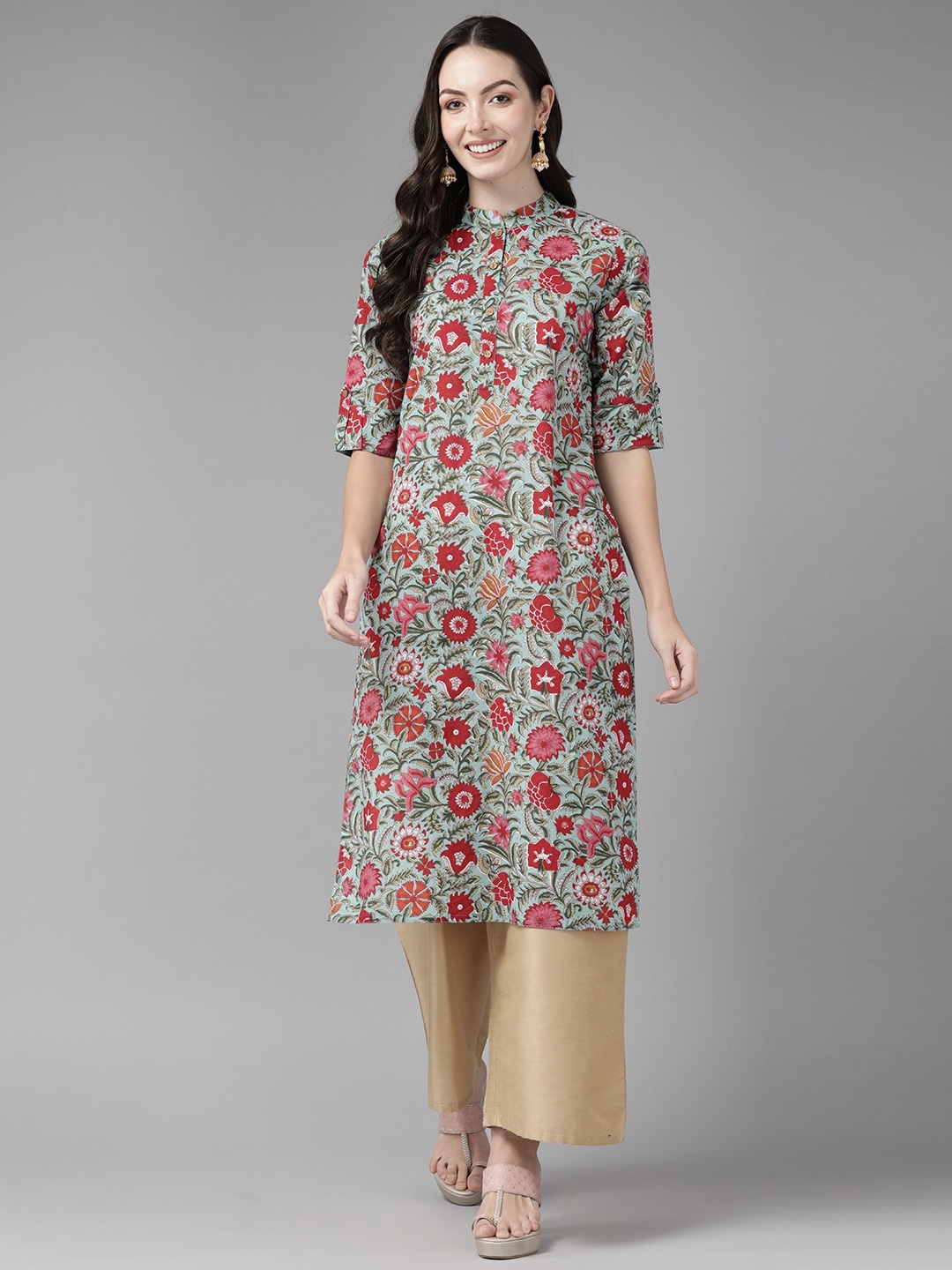 

Cayman Floral Printed Pure Cotton Kurta, Sea green