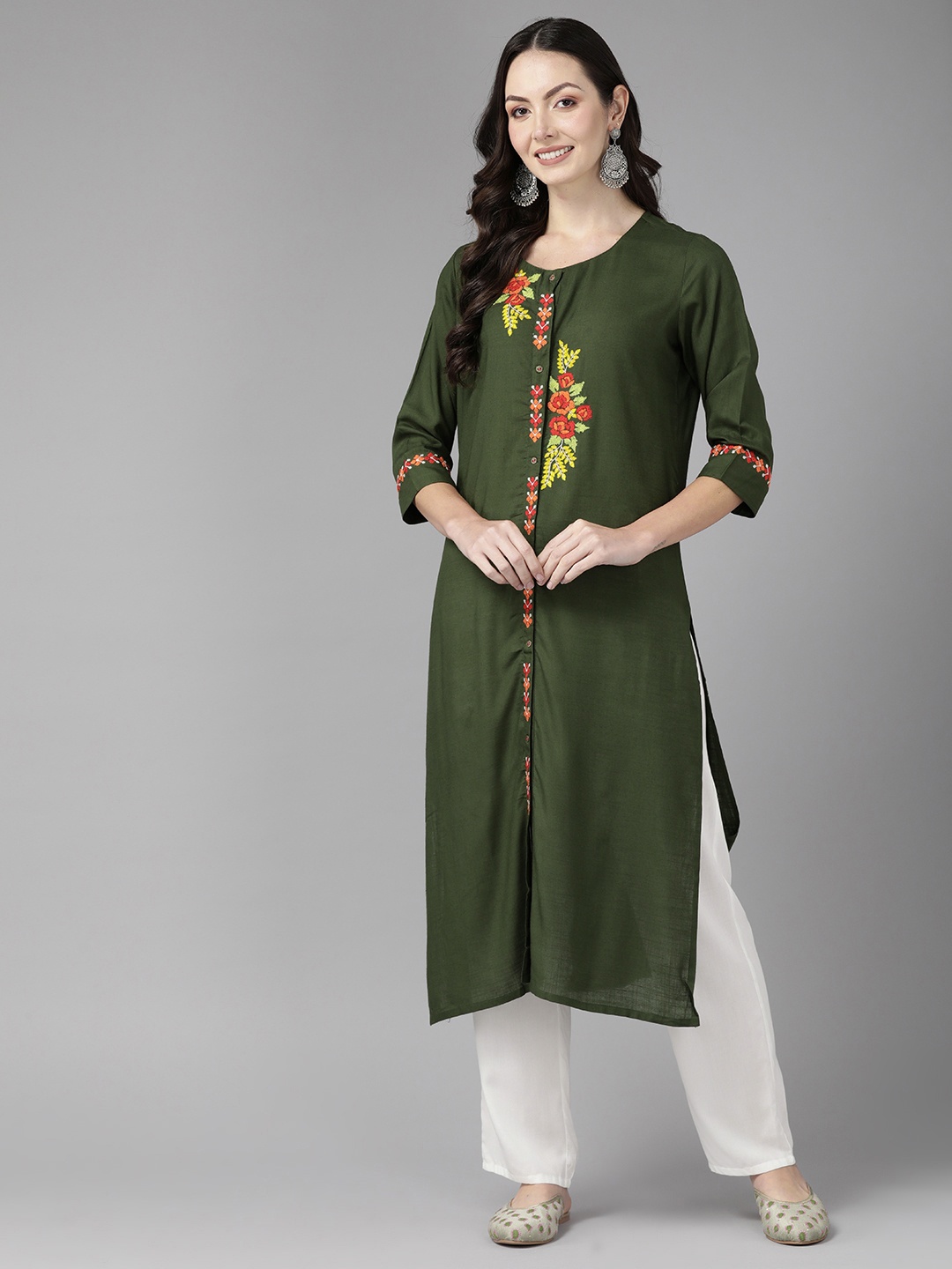 

Cayman Floral Embroidered Pure Cotton Kurta, Green
