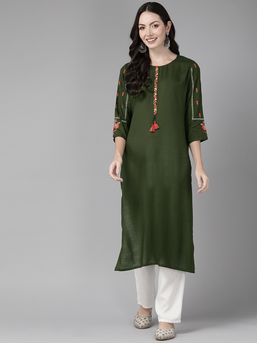 

Cayman Floral Embroidered Kantha Work Pure Cotton Kurta, Green