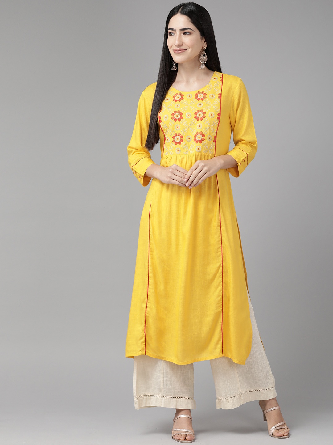 

Cayman Floral Yoke Design Pure Cotton Kurta, Yellow