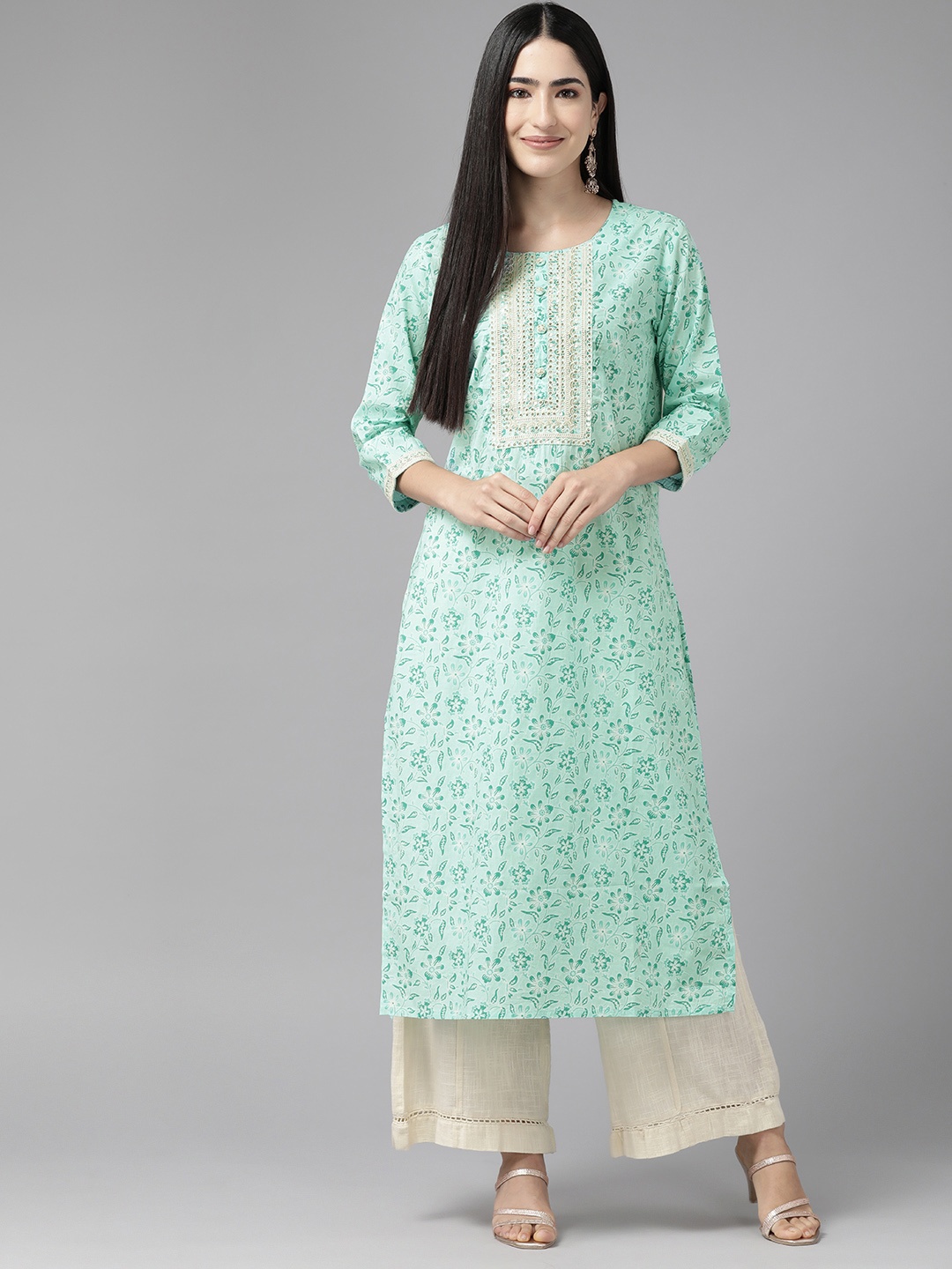 

Cayman Floral Printed Sequinned Pure Cotton Kurta, Sea green