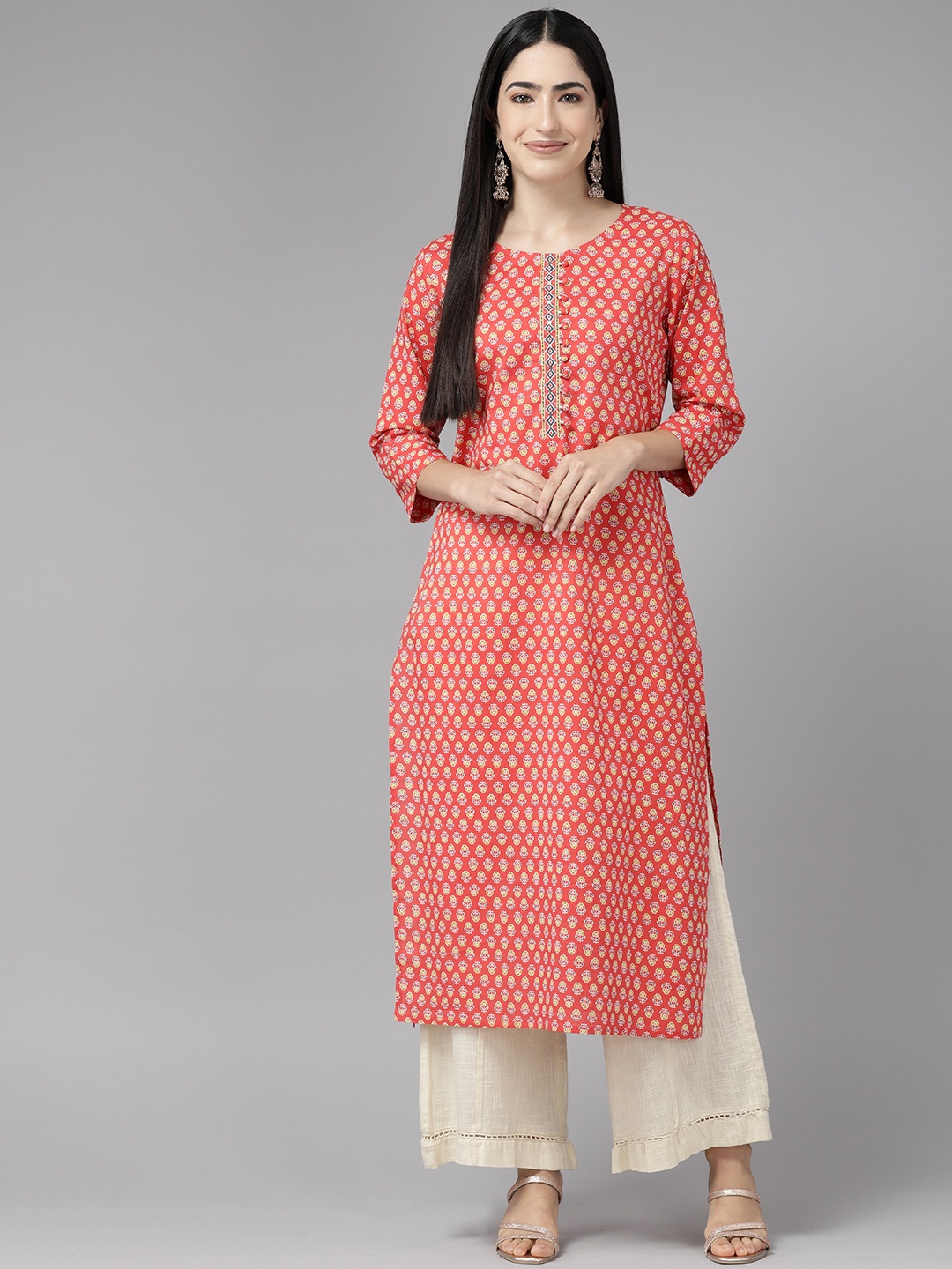 

Cayman Printed Kantha Work Pure Cotton Kurta, Red