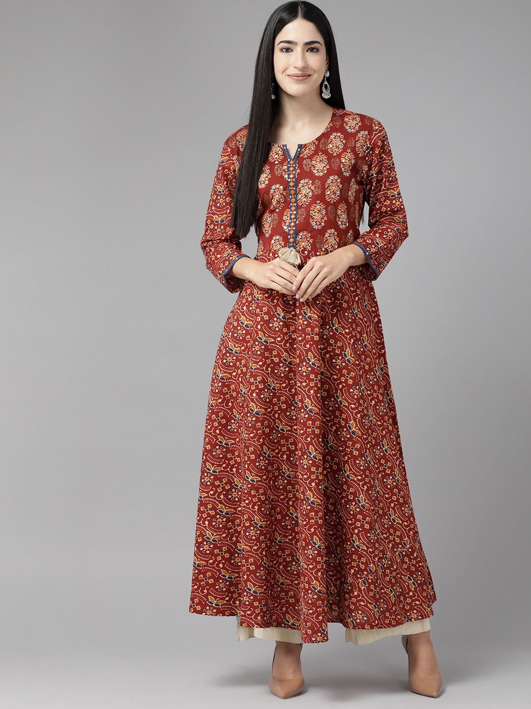 

Cayman Ethnic Motifs Printed Sequinned Pure Cotton Kurta, Maroon