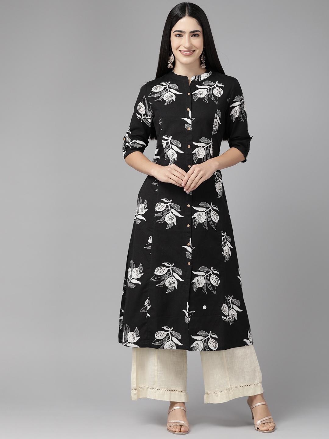 

Cayman Floral Printed Pure Cotton Kurta, Black