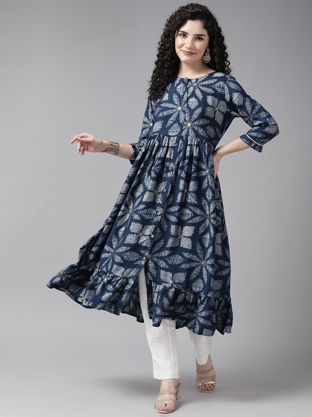 

Cayman Floral Printed Tiering Kurta, Blue