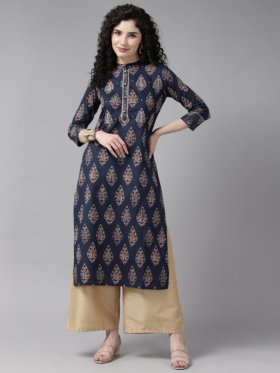 

Cayman Ethnic Motifs Printed Gotta Patti Kurta, Navy blue