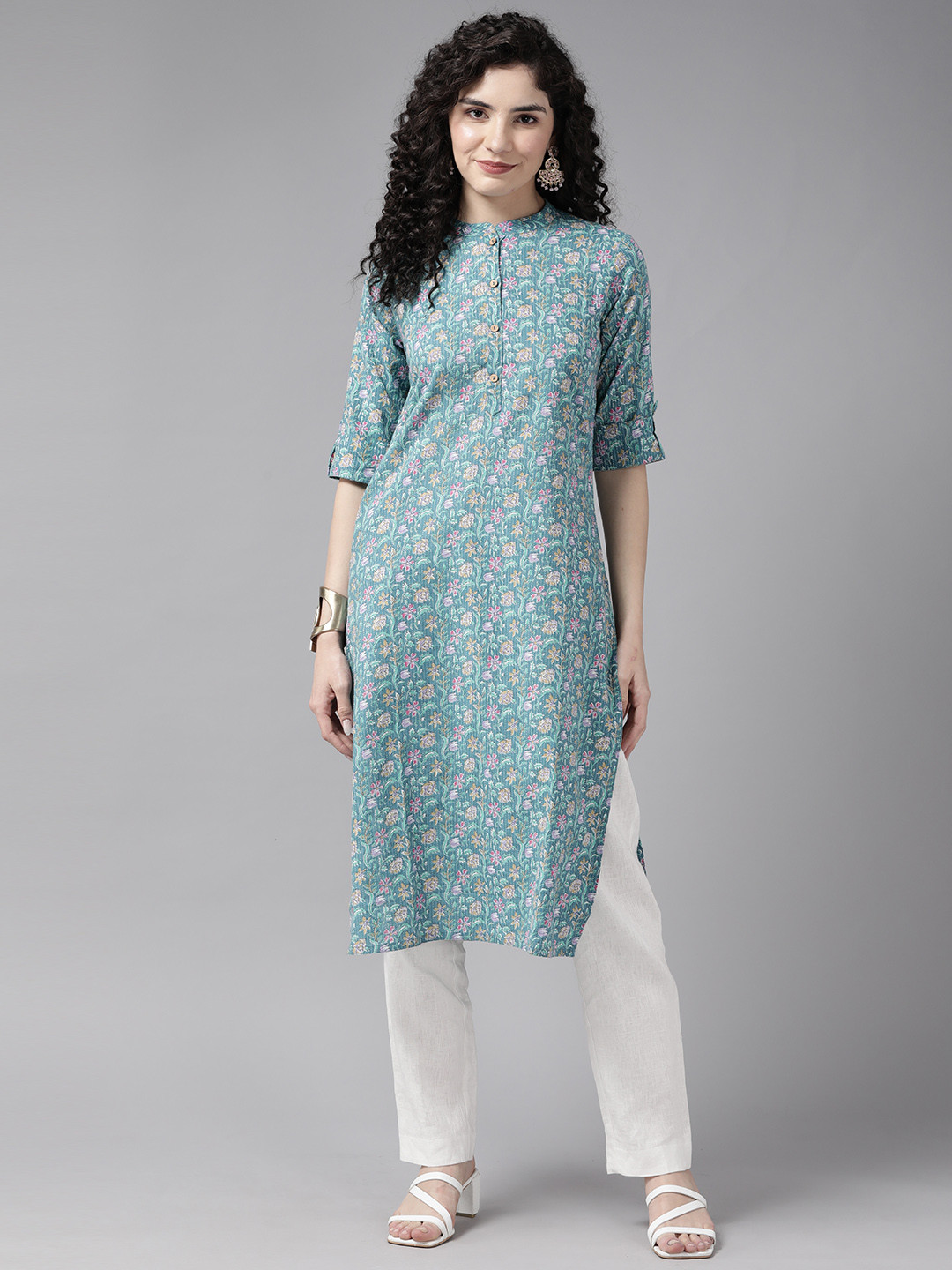 

Cayman Floral Printed Thread Work Kurta, Blue
