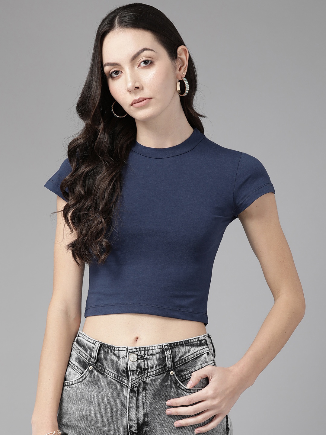 

Cayman Solid Cotton Crop Top, Navy blue