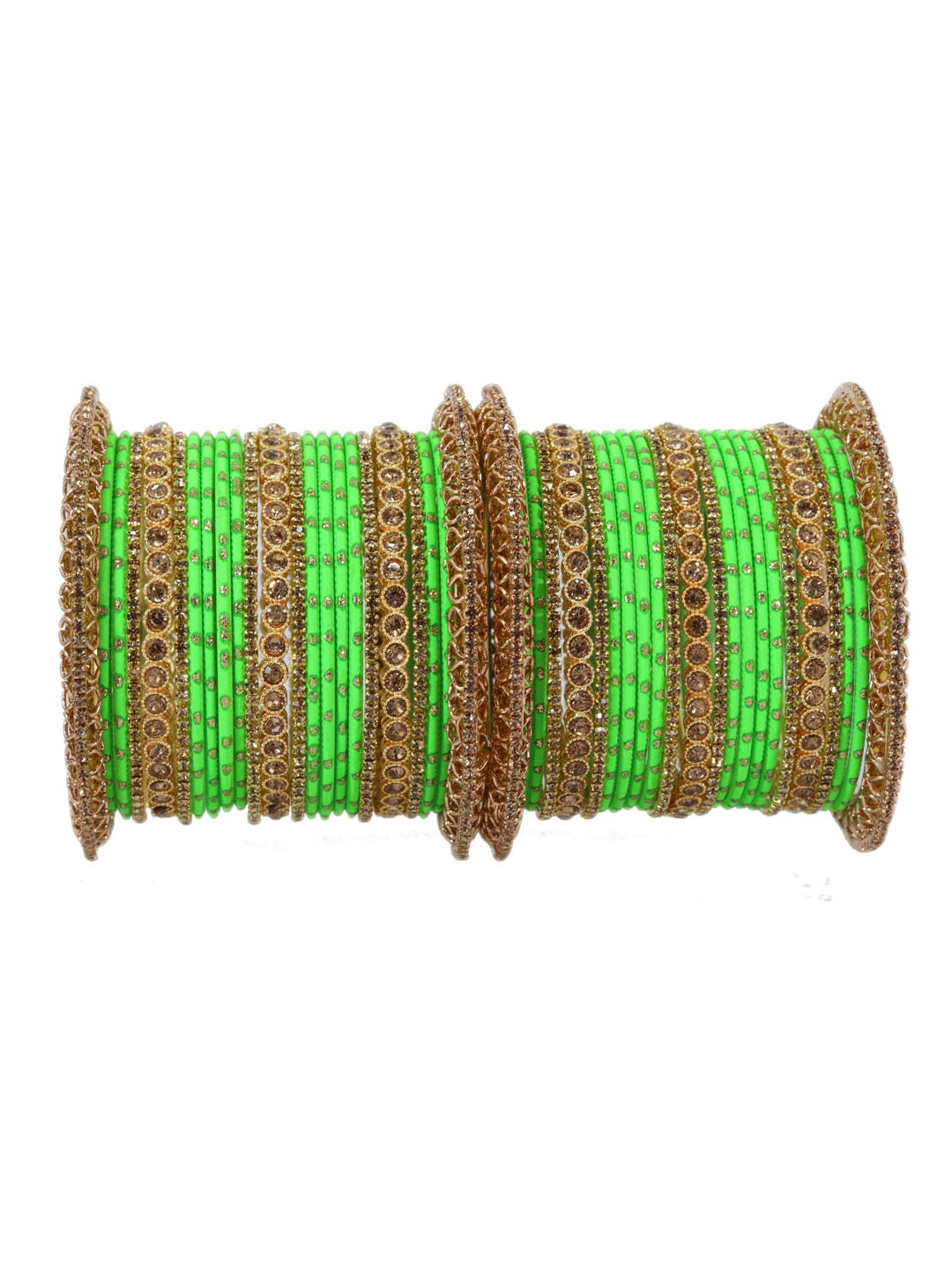 

NMII Set Of 46 Crystal & Zircon Gemstone Studded Bangles, Lime green