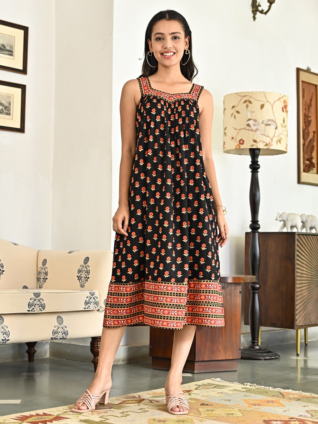 

Rustorange Ethnic Motif Printed Sleeveless A-Line Midi Ethnic Dress, Black