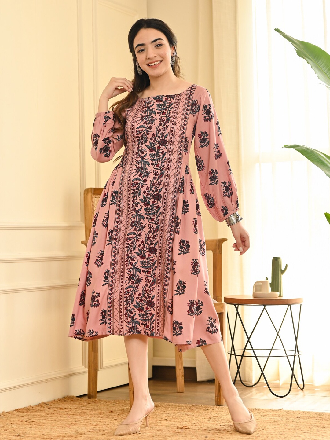 

Rustorange Ethnic Motifs Print A-Line Midi Ethnic Dress, Pink