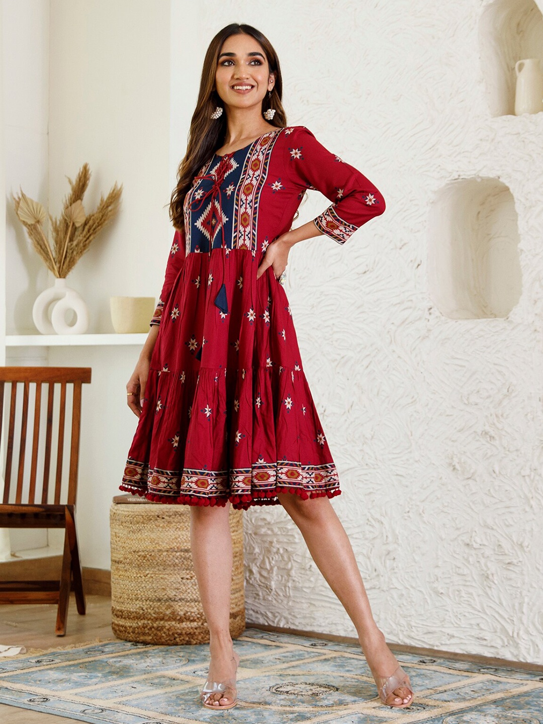 

Rustorange Ethnic Motifs Print Fit & Flare Dress, Maroon