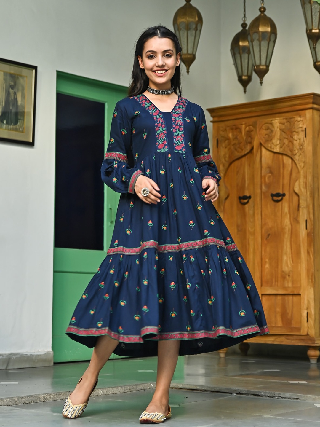 

Rustorange Ethnic Motif Printed Fit & Flare Midi Ethnic Dress, Navy blue