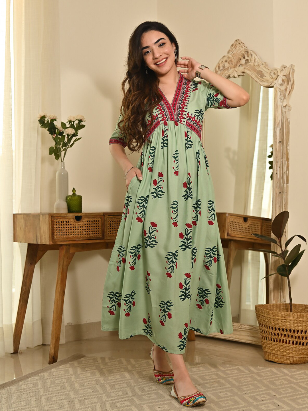 

Rustorange Floral Print Maxi Dress, Green