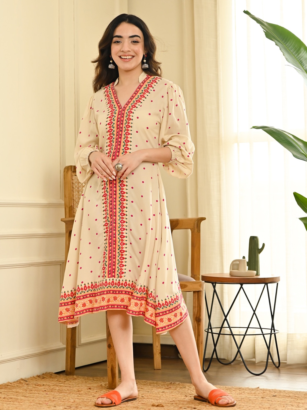 

Rustorange Ethnic Motifs Print A-Line Midi Dress, Beige