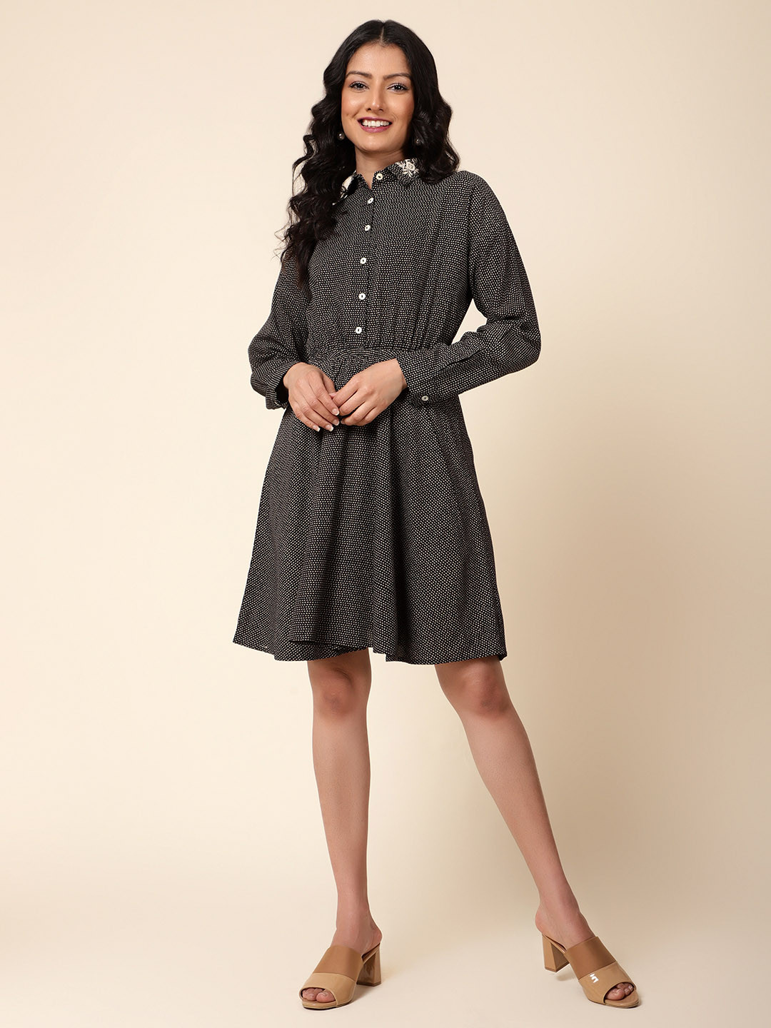 

Bani Women Embroidered Collar Checked Shirt Dress, Black