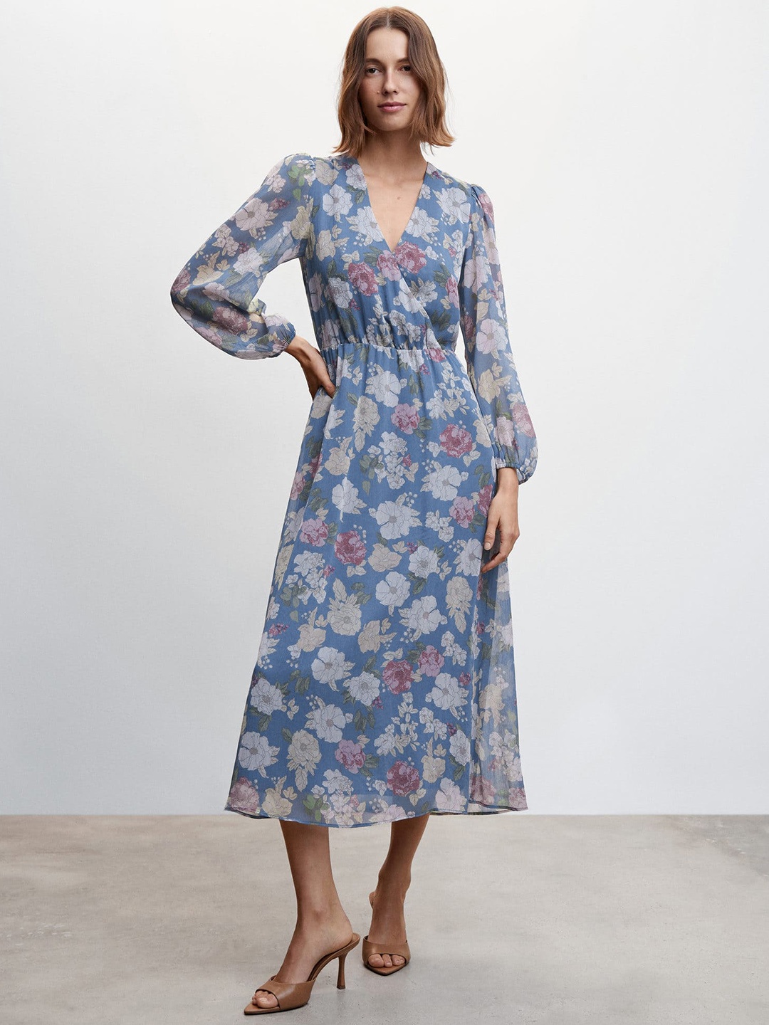 

MANGO Floral Print Puff Sleeve Wrap Midi Dress, Blue