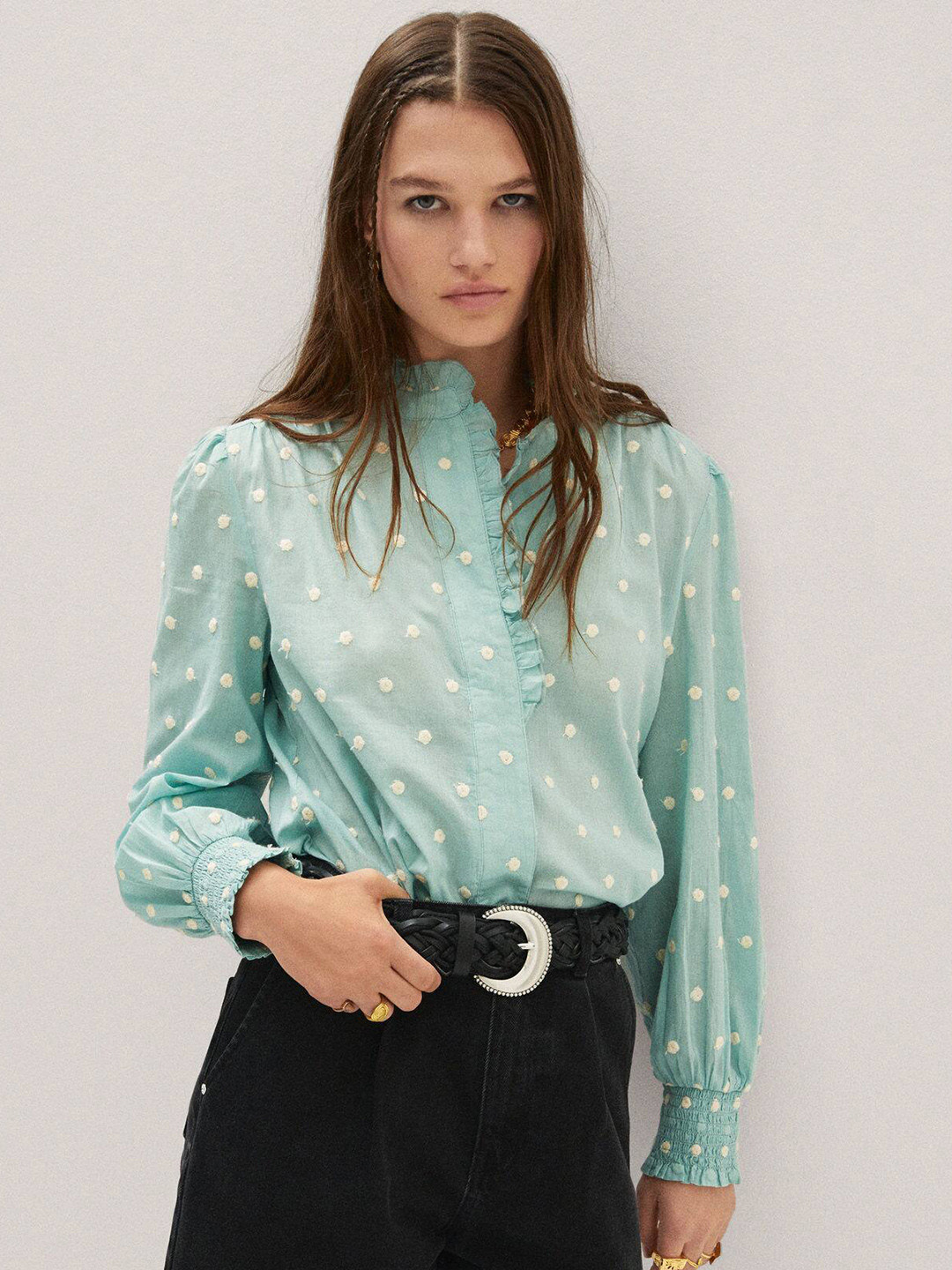 

MANGO Geometric Embroidered Mandarin Collar Puff Sleeve Cotton Shirt Style Top, Sea green