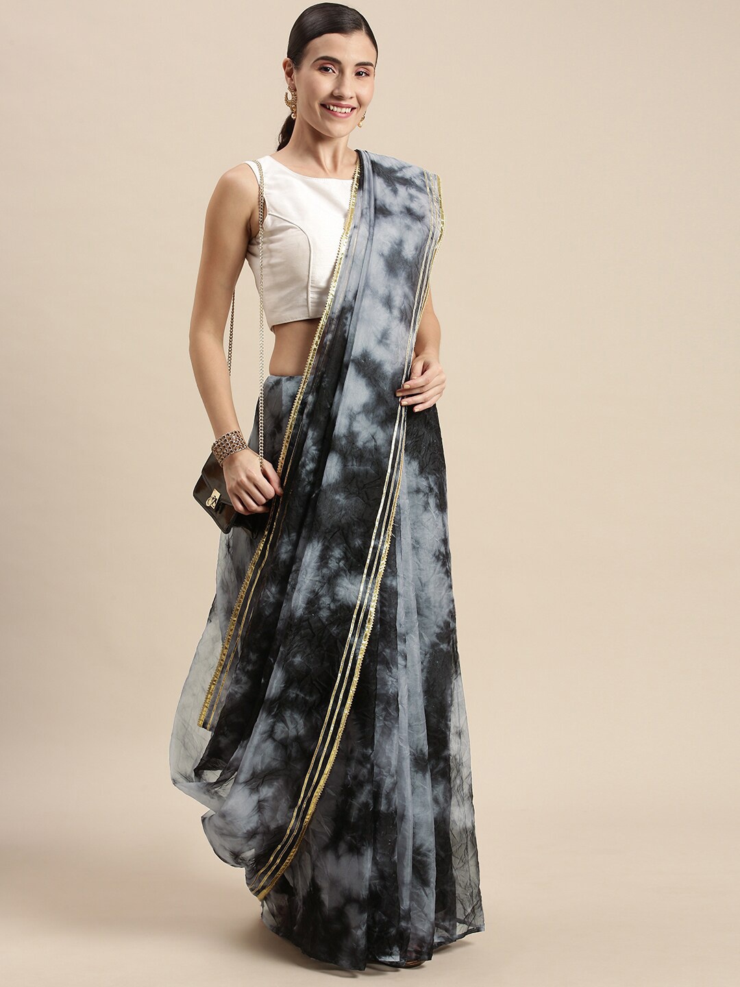 

Geroo Jaipur Tie and Dye Zari kota Saree, Black