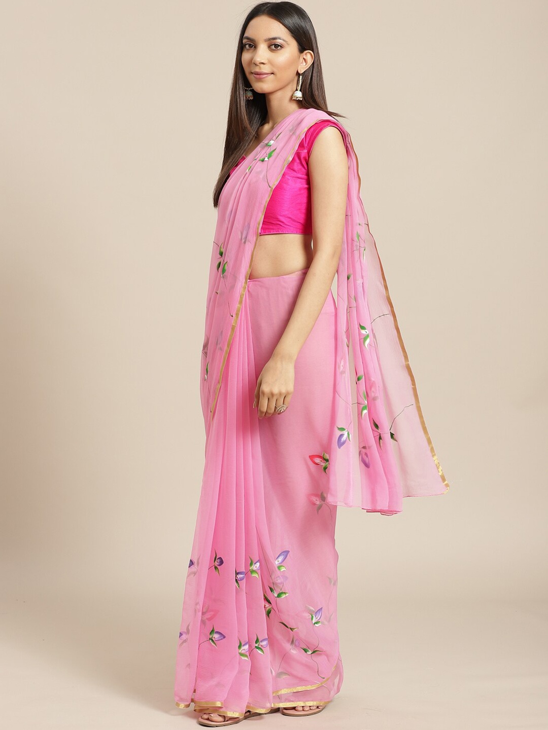 

Geroo Jaipur Floral Printed Zari Saree, Pink