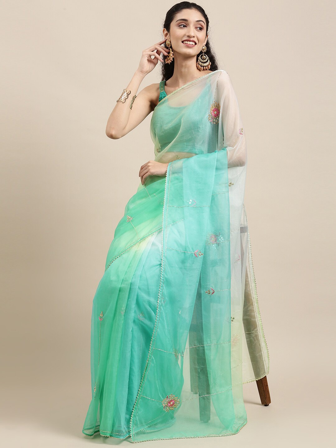 

Geroo Jaipur Floral Embroidered Organza Saree, Green