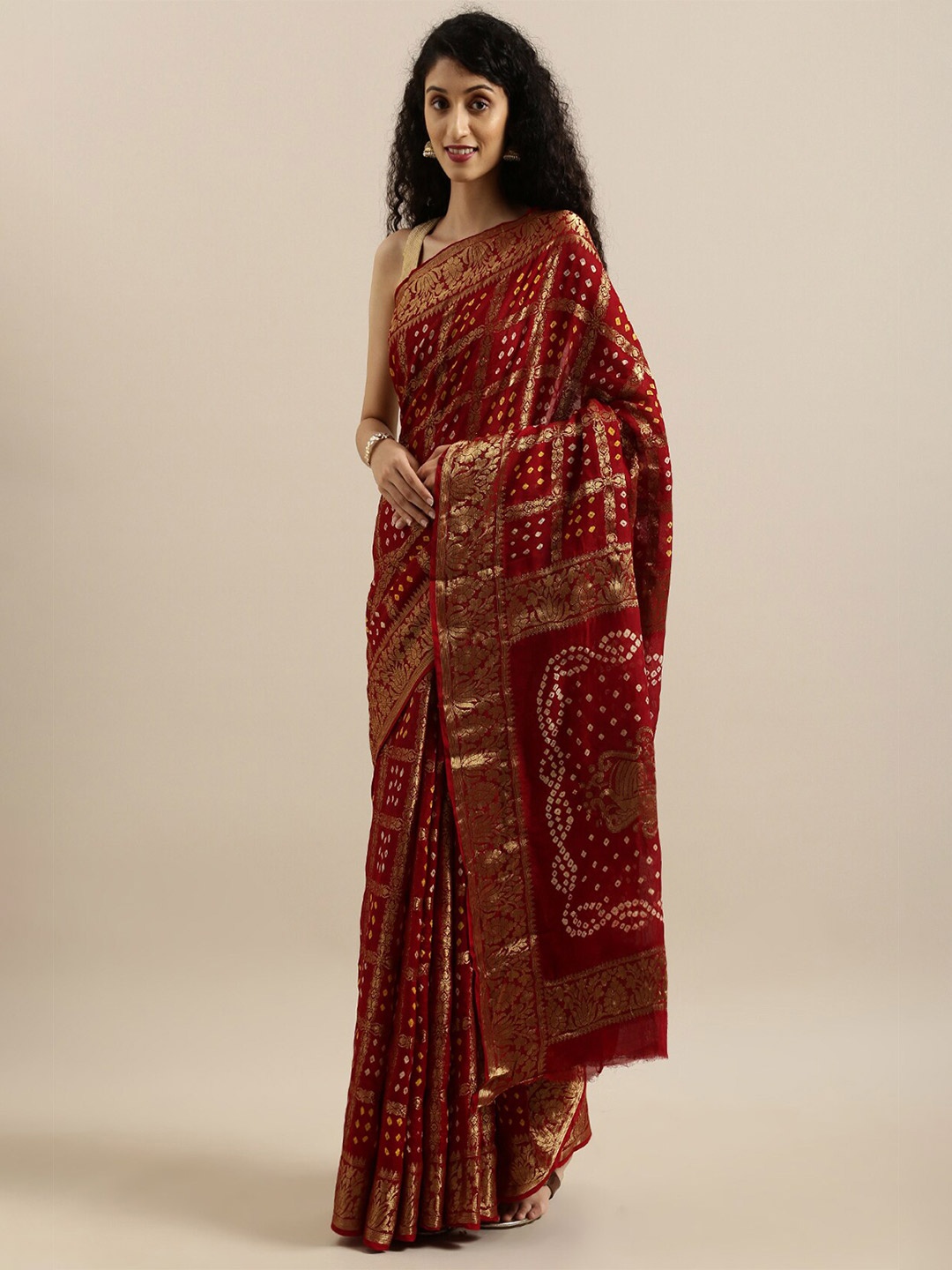 

Geroo Jaipur Ethnic Motif Woven Design Zari Bandhani Saree, Red