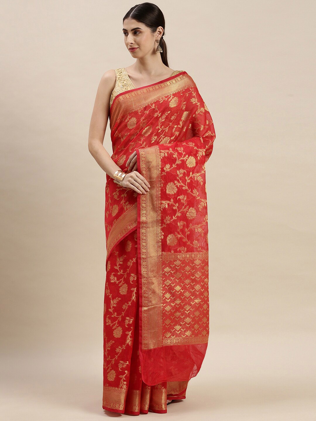 

Geroo Jaipur Floral Woven Design Zari Pure Silk Kota Saree, Red