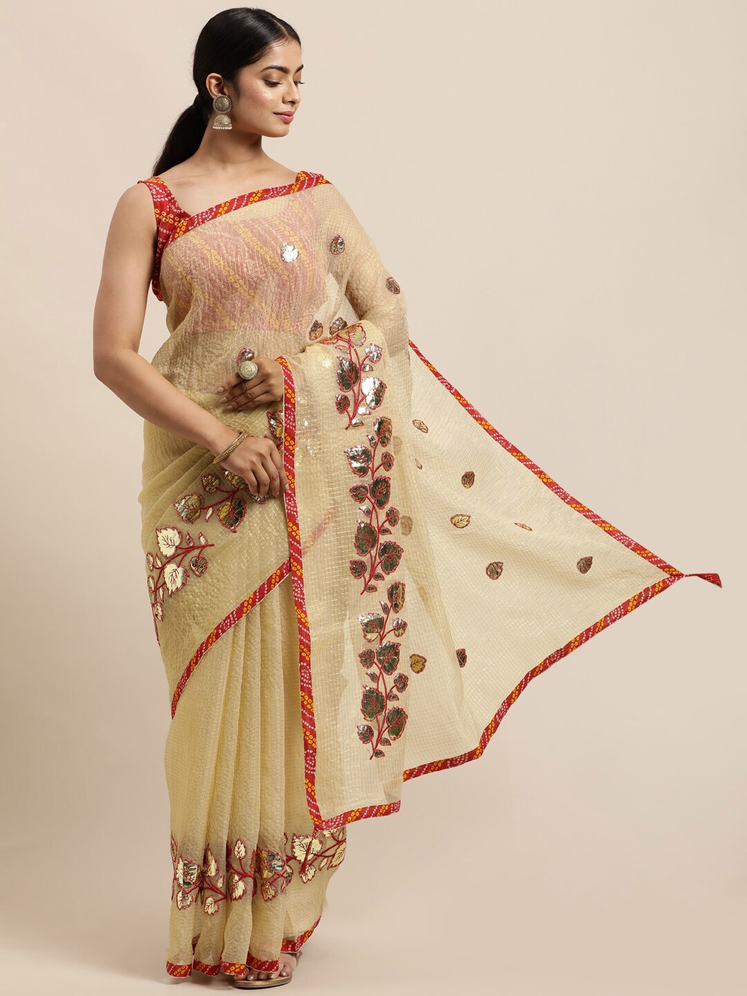 

Geroo Jaipur Checked Embellished Gotta Patti Pure Silk Kota Saree, Beige