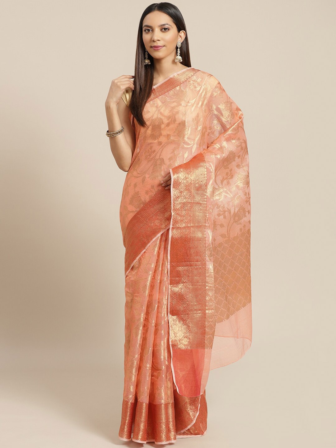 

Geroo Jaipur Floral Woven Design Zari Pure Silk Kota Saree, Peach
