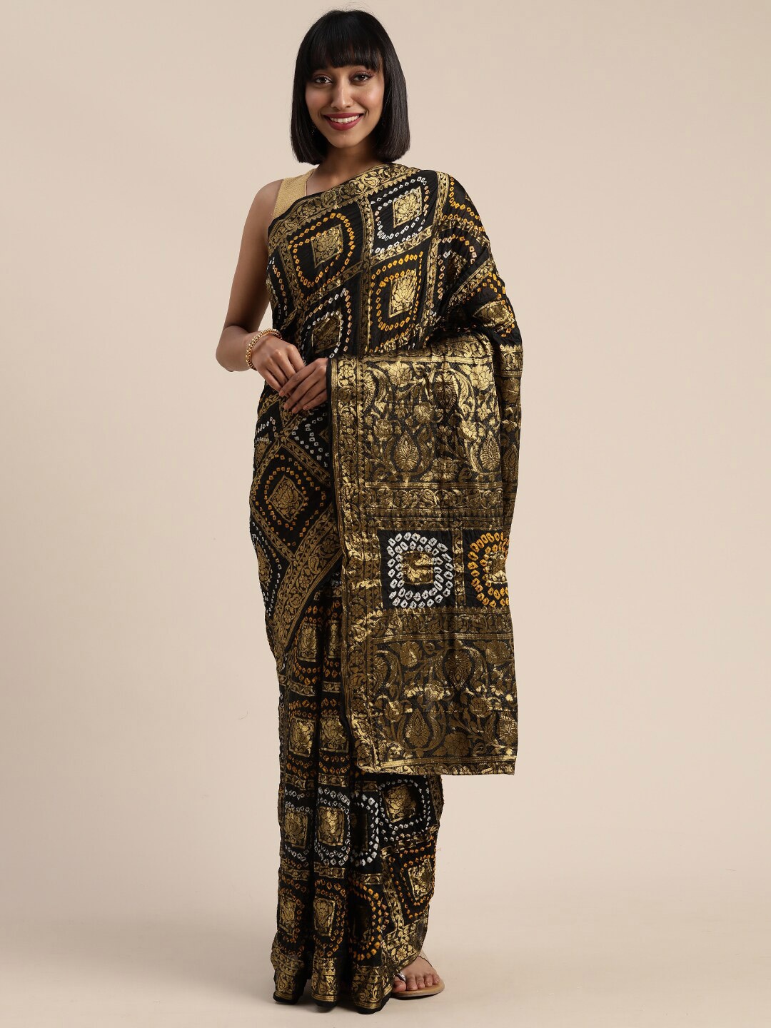 

Geroo Jaipur Floral Woven Design Zari Bandhani Saree, Black