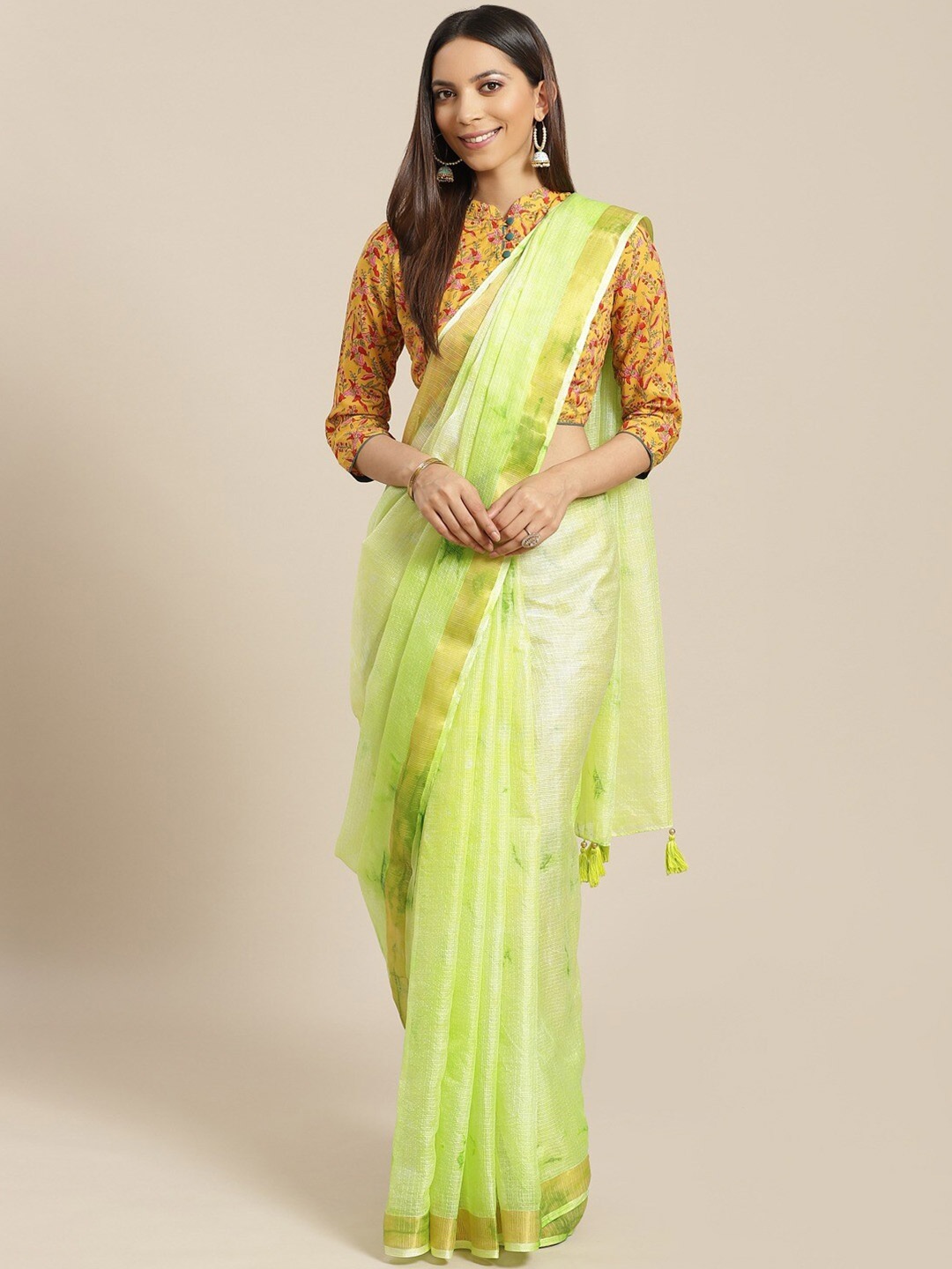 

Geroo Jaipur Tie and Dye Zari Art Silk Kota Saree With Tassel, Green
