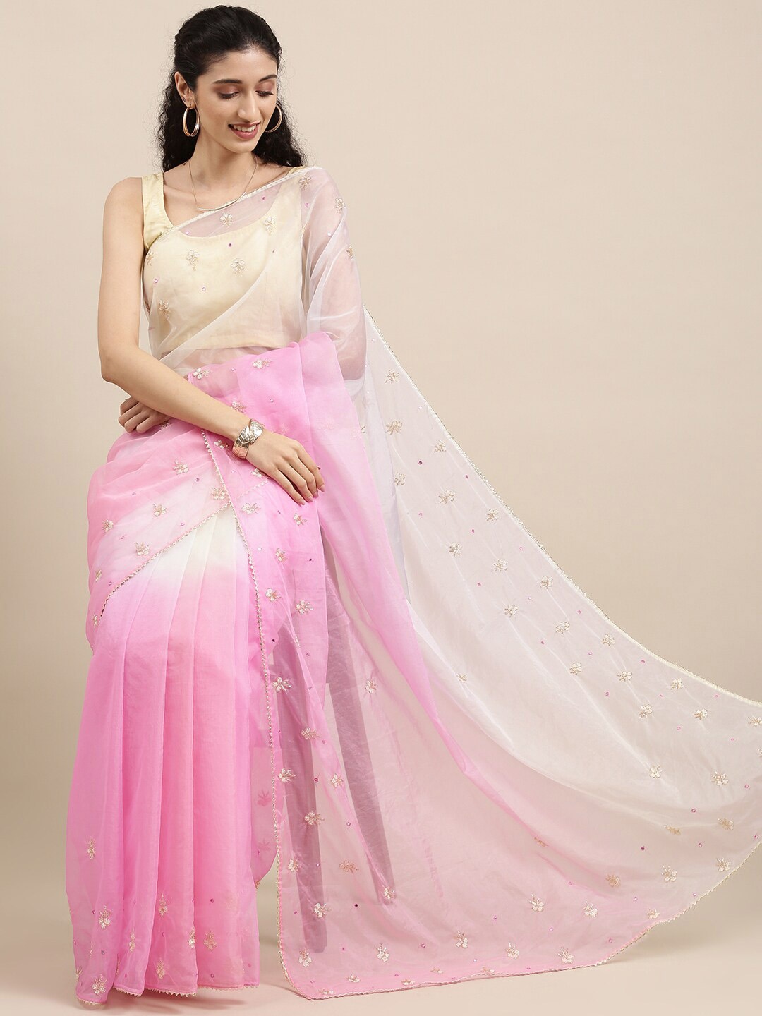 

Geroo Jaipur Embellished Bead Work Organza Saree, Pink